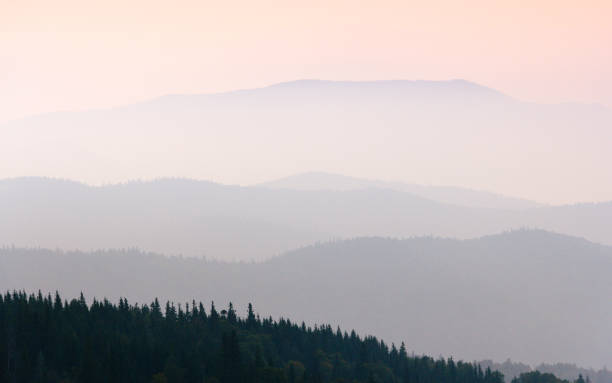 View of a mountains valley in a early morning with fog between hills. Mountains ranges layers. stock photo