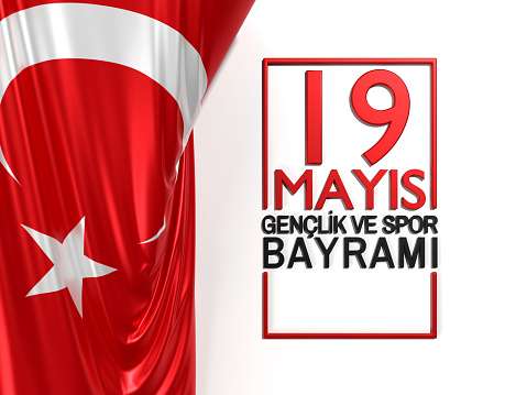 19 May Commemoration of Atatürk Youth and Sports Day banner on white with Turkish celebration message. 3D render isolated on blue background. Easy to crop for all your print sizes and social media needs.