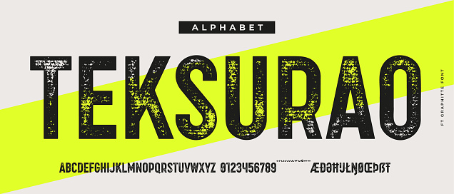 Headline alphabet and font. Bold aged, rough fat uppercase letters with grunge texture. Creative hand-drawn textured font, design, typographic, poster. Grunge scratches alphabet. Vector Illustration