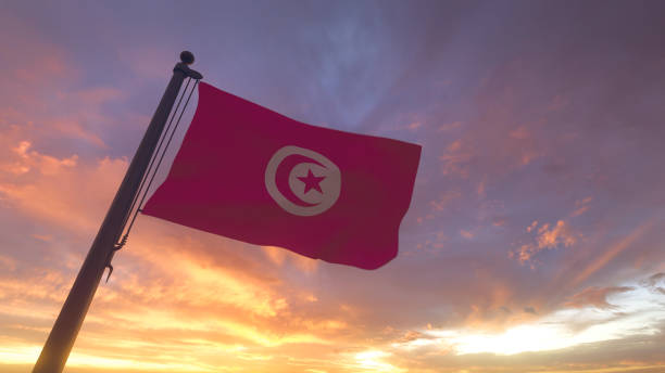 istock Tunisia Flag on Flagpole by Evening Sunset Sky, 3D Render 1486524279