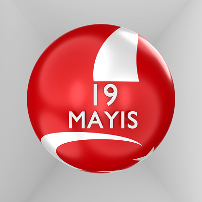 19 May Commemoration of Atatürk Youth and Sports Day text on a red shiny sphere with a partial Turkish flag on white background. Easy to crop for all your print sizes and social media needs.