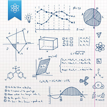 Set of different hand-drawn doodle scientific design element.