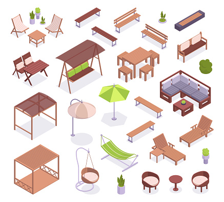 Isometric garden furniture. Chairs, umbrella, hammock and table, comfortable terrace or backyard furniture 3d vector illustration set. Backyard furniture collection