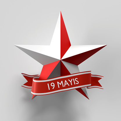 19 May Commemoration of Atatürk Youth and Sports Day text on a ribbon with star symbol in red and white against white background. Easy to crop for all your print sizes and social media needs.