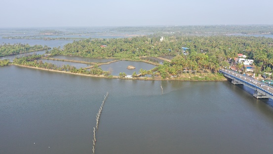 Drone image of the lagoon and settlements in Kerala, India