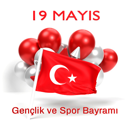 19 May Commemoration of Atatürk Youth and Sports Day text with red and white balloons and Turkish Flag against white background. Easy to crop for all your social media and print sizes.