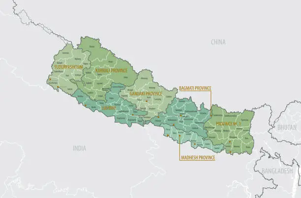 Vector illustration of Detailed map of Nepal with administrative divisions into Provinces and Districts, major cities of the country, vector illustration onwhite background