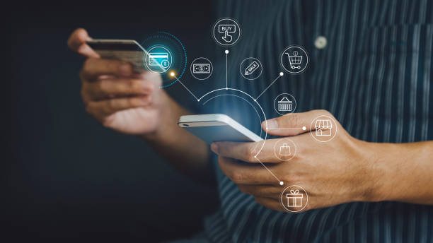 istock Businessman with mobile smartphone in hand paying online shopping on virtual interface global network. Online banking transaction and digital marketing technology concept. 3D illustration. 1486530238