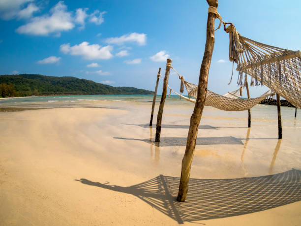 istock Three empty rope cradle hanging on the wooden poles on sandy beach, island and blue sky background, fisheye view. Beautiful shadow of hanging cradle or swing beds on clean sand beach. 1486531446