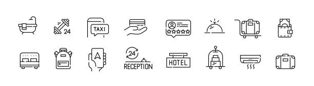 ilustrações de stock, clip art, desenhos animados e ícones de hotel accommodation travel and vacation hospitality industry icons. reception, porter, gym and other facilities. - compass key globe earth