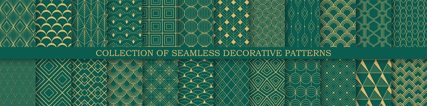 Collection of art deco seamless ornamental geometric patterns - rich design. Repeatable oriental luxury backgrounds. Decorative elegant prints.