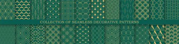 Vector illustration of Collection of art deco seamless ornamental geometric patterns - rich design. Repeatable oriental luxury backgrounds. Decorative elegant prints