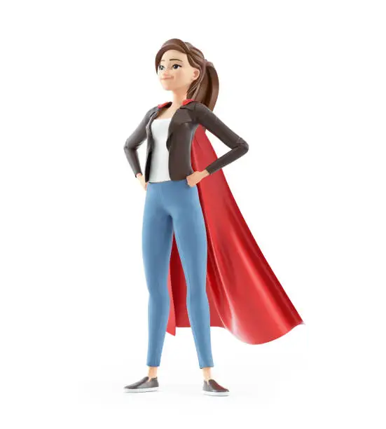 3d cartoon woman standing with red cape, illustration isolated on white background
