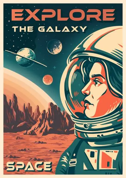 Vector illustration of Woman astronaut vintage flyer colorful