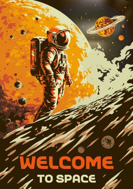 Space traveler vintage poster colorful with man in astronaut clothes standing on surface of planet near split sun vector illustration