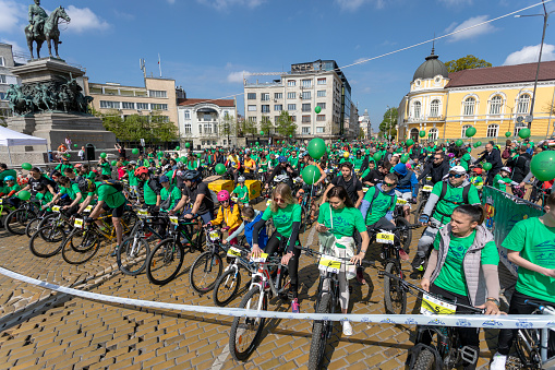 Sofia, Bulgaria April 23, 2023: For the eighth consecutive year of Sofia European Capital of Sports, Sofia Municipality organized Sofia Bikes. More than 2000 cyclists took part in the event.