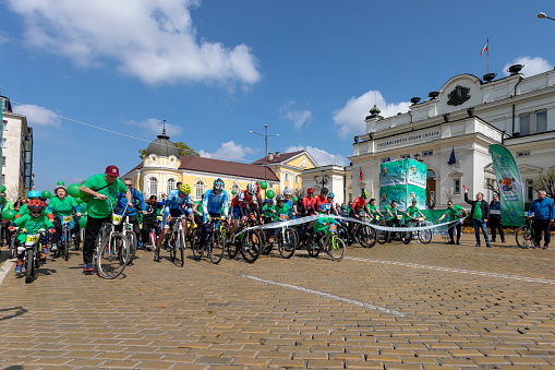 Sofia, Bulgaria April 23, 2023: For the eighth consecutive year of Sofia European Capital of Sports, Sofia Municipality organized Sofia Bikes. More than 2000 cyclists took part in the event.