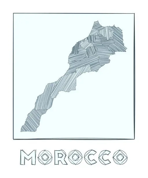 Vector illustration of Sketch map of Morocco. Grayscale hand drawn map of the country. Filled regions with hachure stripes. Vector illustration.