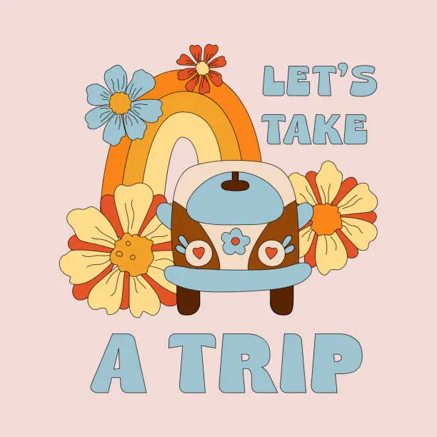 Vector illustration of Let's Take a Trip text with daisies, rainbow and retro car. Vector illustration.