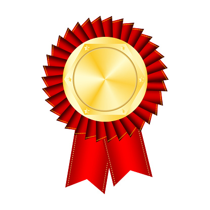 Golden medal red ribbon. Red golden award background. Vector illustration. EPS 10.