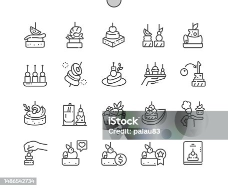 istock Canape food. Buffet. Canape menu. Food appetizer, bruschetta and snack. Pixel Perfect Vector Thin Line Icons. Simple Minimal Pictogram 1486542734