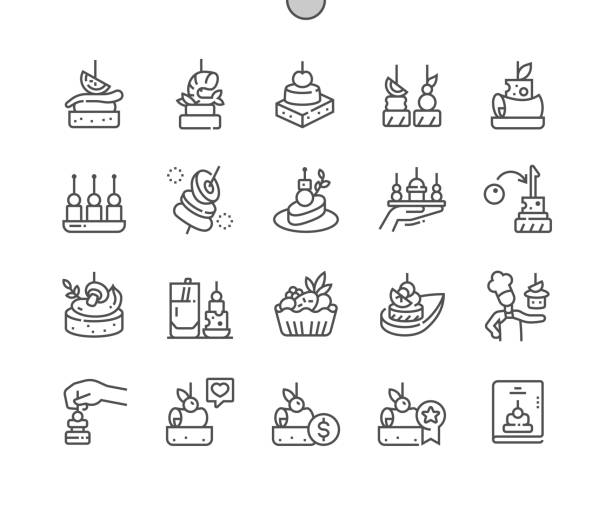 Canape food. Buffet. Canape menu. Food appetizer, bruschetta and snack. Pixel Perfect Vector Thin Line Icons. Simple Minimal Pictogram Canape food. Buffet. Canape menu. Food appetizer, bruschetta and snack. Pixel Perfect Vector Thin Line Icons. Simple Minimal Pictogram buffet stock illustrations