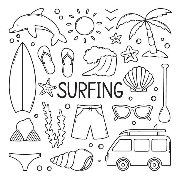 ÐÑаÑика и иллÑÑÑÑаÑии Surfing doodle set. Summer elements: surfboard, wave, dolphin, palm, shorts in sketch style. Hand drawn vector illustration isolated on white background drawing of the hawaii islands stock illustrations