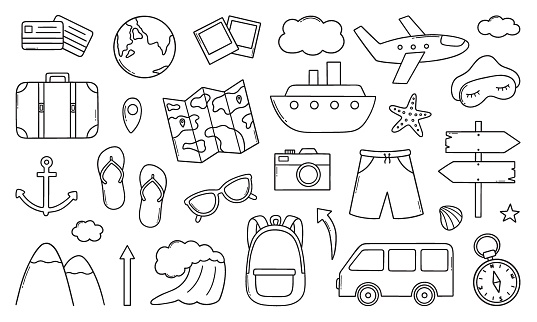 Travel doodle set. Summer vacation, tourism elements in sketch style: bag, ticket, transport, camera, map. Summer Adventure. Hand drawn vector illustration isolated on white background