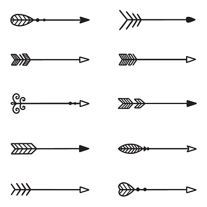 Boho arrows doodle set. Hipster ethnic decorative elements. Hand drawn vector illustration isolated on white background
