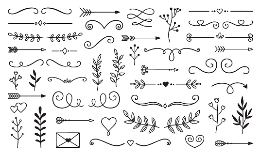 Text dividers doodle set. Boho arrows. Wedding decorative elements with leaves, swirls, hearts. Divider ornament, borders, lines. Hand drawn vector illustration isolated on white background