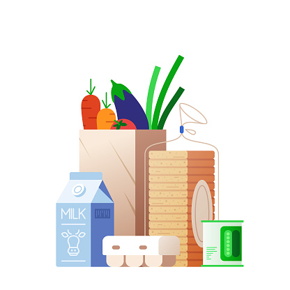 Supermarket shopping vector illustration. Milk carton, toast bread, egg pack, can of peas, and vegetables.