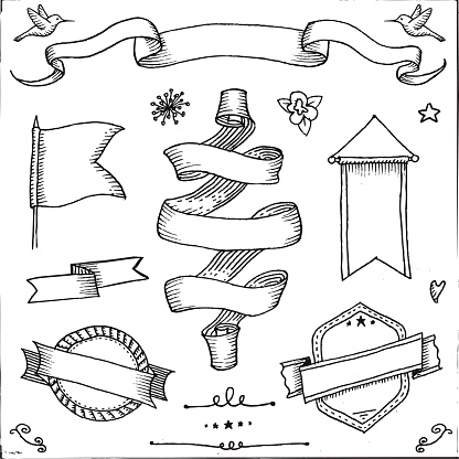 Set of drawing vintage banners, flags, badges and design elements.