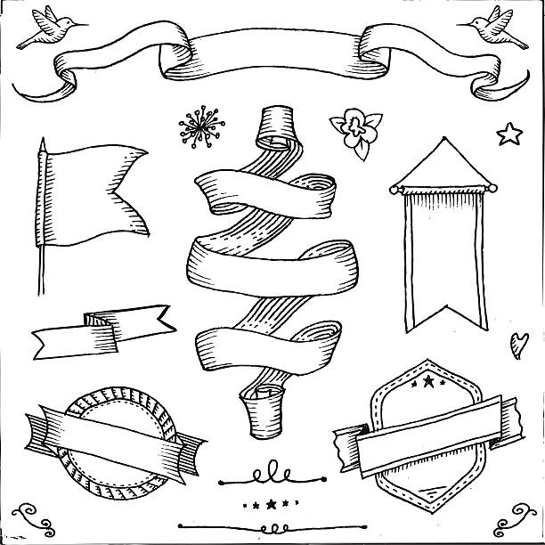 Collection of hand drawn banners and embellishments Set of drawing vintage banners, flags, badges and design elements. monoprint stock illustrations
