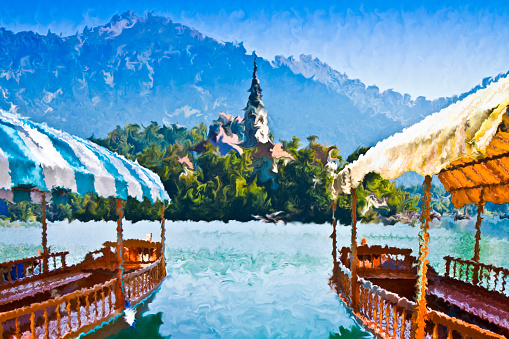 Lake Bled, the most famous lake in Slovenia with the island of the church (Europe - Slovenia) - artistic concept with swirl brushstroke digital effect totally handmade - no filters applied