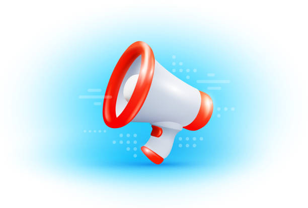 istock Vector business illustration of megaphone on white and blue color background with shadow. 3d style design of white and red megaphone 1486554064