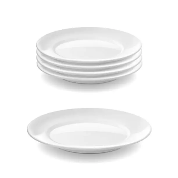 Vector illustration of Pile of clean white plates. Porcelain plate stack