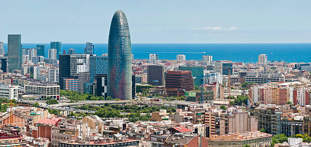 Barcelona downtown ocean skyscrapers Torre Agbar Poblenou panorama Catalonia Spain ProPhoto RGB profile for maximum color fidelity and gamut. barcelona skyline stock pictures, royalty-free photos & images