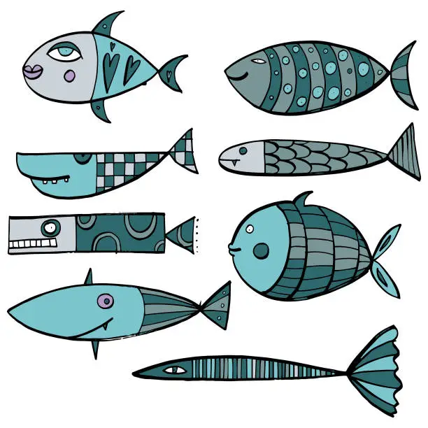 Vector illustration of colorful hand drawn funny fishes