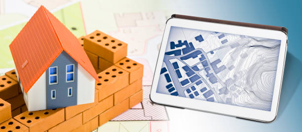 istock Buildings Permit concept with imaginary cadastral on digital tablet - building activity and construction industry with General Urban Plan with home model 1486559639