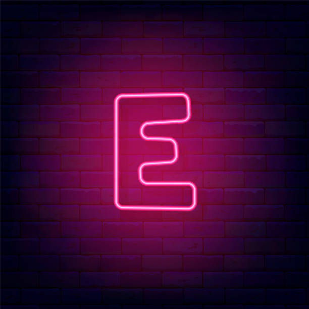 istock Neon letter E on brick wall. Shiny pink logo. Minimal shape. Glowing banner. Vector stock illustration 1486560457