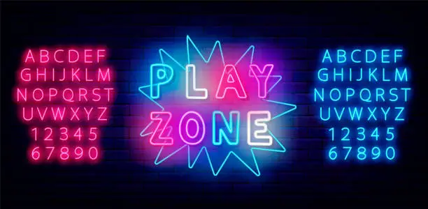 Vector illustration of Play zone neon signboard. Explosion frame. Simple inscription. Glowing advertising. Vector stock illustration