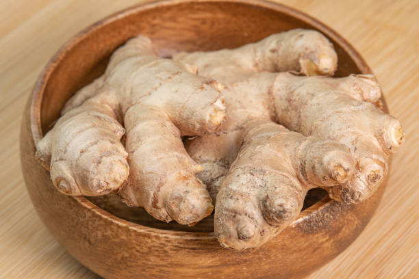 radice di zenzero intera fresca su sfondo di legno da vicino. condimento per spezie ed erbe aromatiche per cucinare. erbe medicinali. uso di zenzero a fette in aromaterapia. alto contenuto di oli essenziali nella pianta - ginger root ingredient nature foto e immagini stock