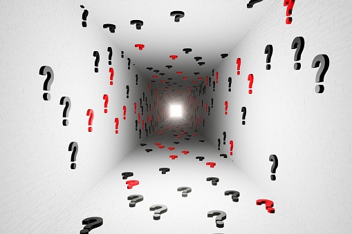 Question marks symbols tunnel icon white background 3d render. Digital cyberspace questions, symbol, ask, asking, essentials, confusion thinking.