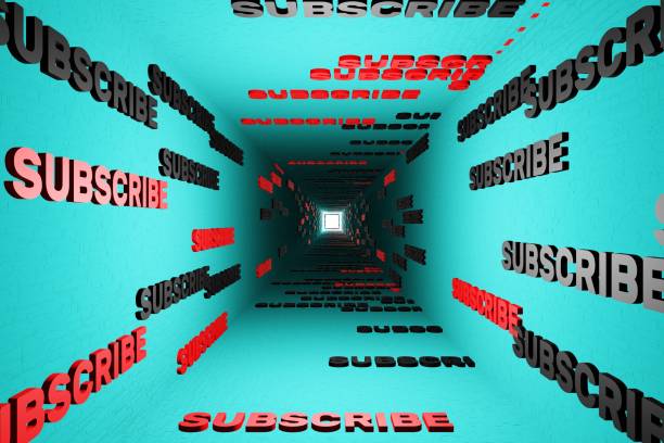 istock Subscribe button text in blue tunnel background 3d render. Subscribe to this channel. Social network media 1486562139