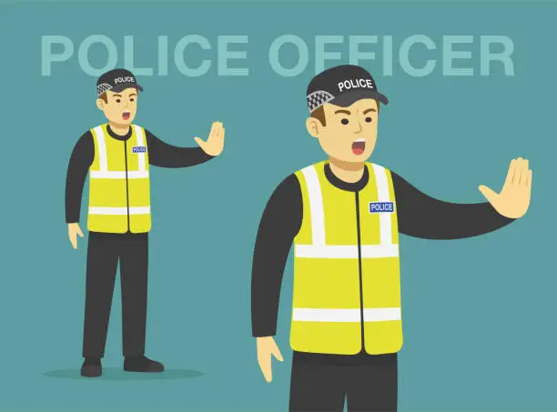 Vector illustration of Isolated angry police officer wearing black cap and vest makes a stop gesture with his hand. Perspective front view.