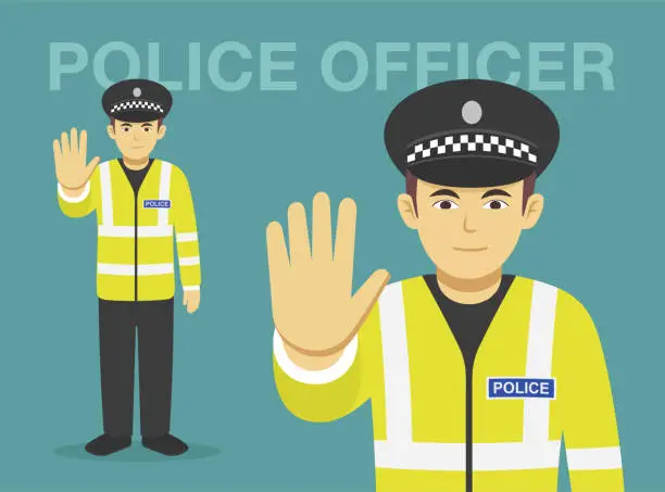 Vector illustration of Isolated police officer makes a stop gesture with his hand. Front view.