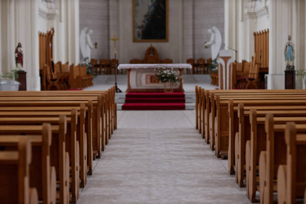 istock Old church with altar and seats 1486567357