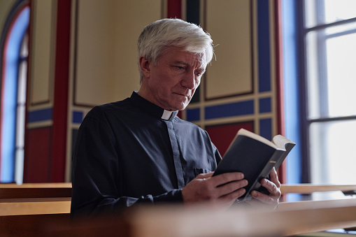 Senior priest concentrating on reading Bible during ceremony in church