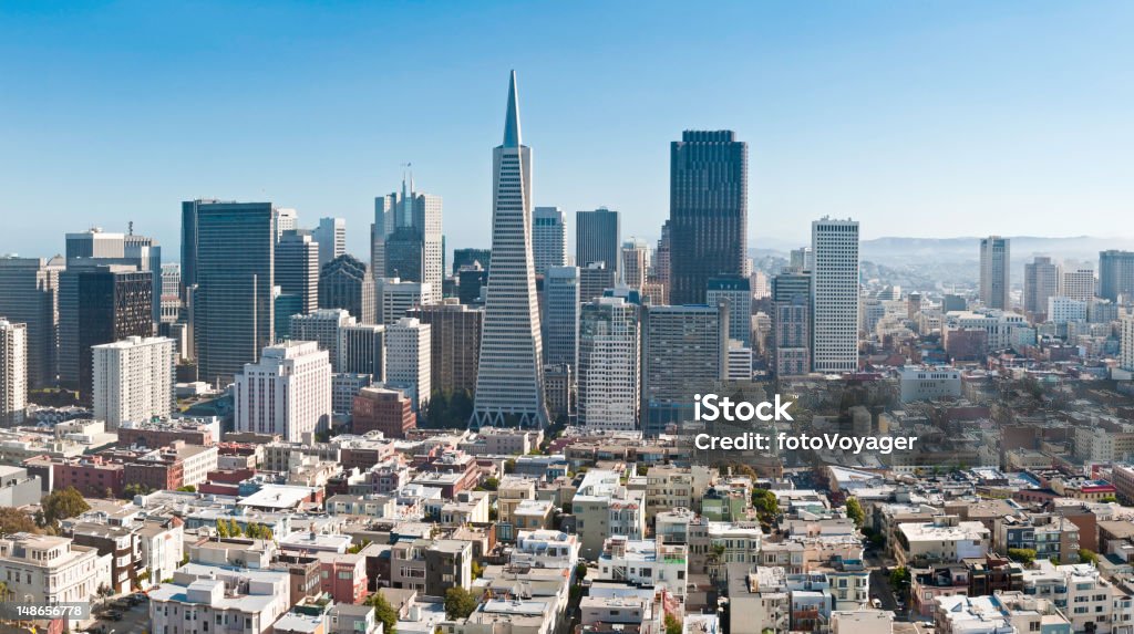 San Francisco Financial District downtown skyscrapers Transamerica Pyramid California cityscape Aerial panoramic view across the low rise buildings of San Francisco's North Beach to the soaring modern landmarks of the downtown Financial District. ProPhoto RGB profile for maximum color fidelity and gamut. San Francisco - California Stock Photo