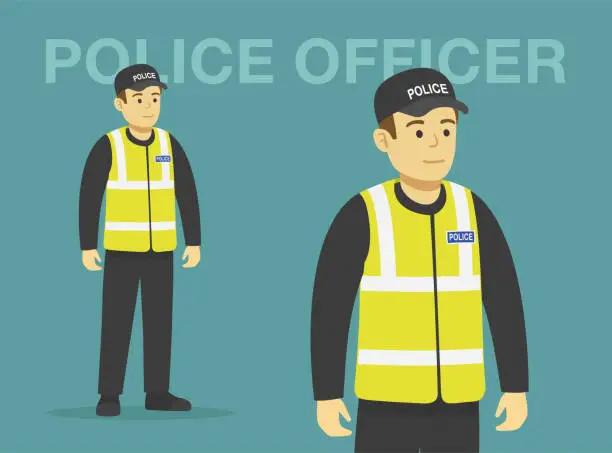 Vector illustration of Isolated european traffic police officer with safety vest. Perspective front view.